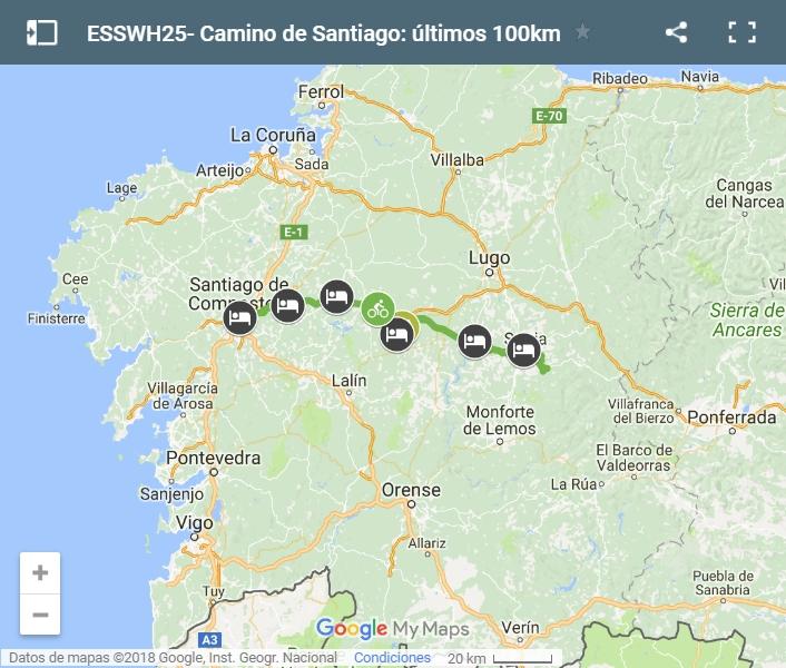 Mapa ultimos 100 km del Camino de Santiago a pie